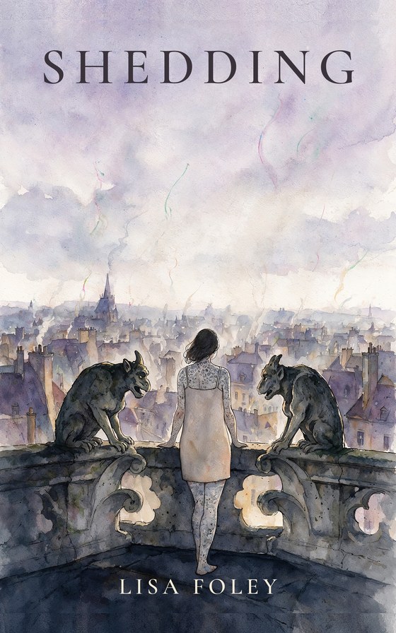 Shedding book cover — a woman on a rooftop among gargoyles
