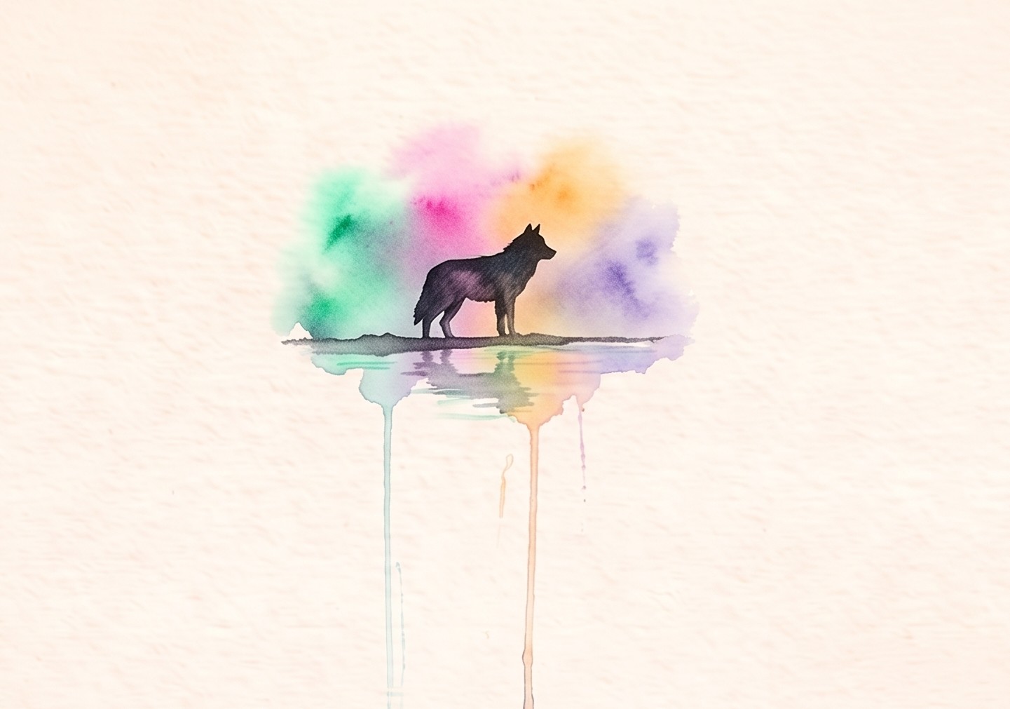 Watercolor painting of a lone wolf on a shoreline surrounded by luminous color